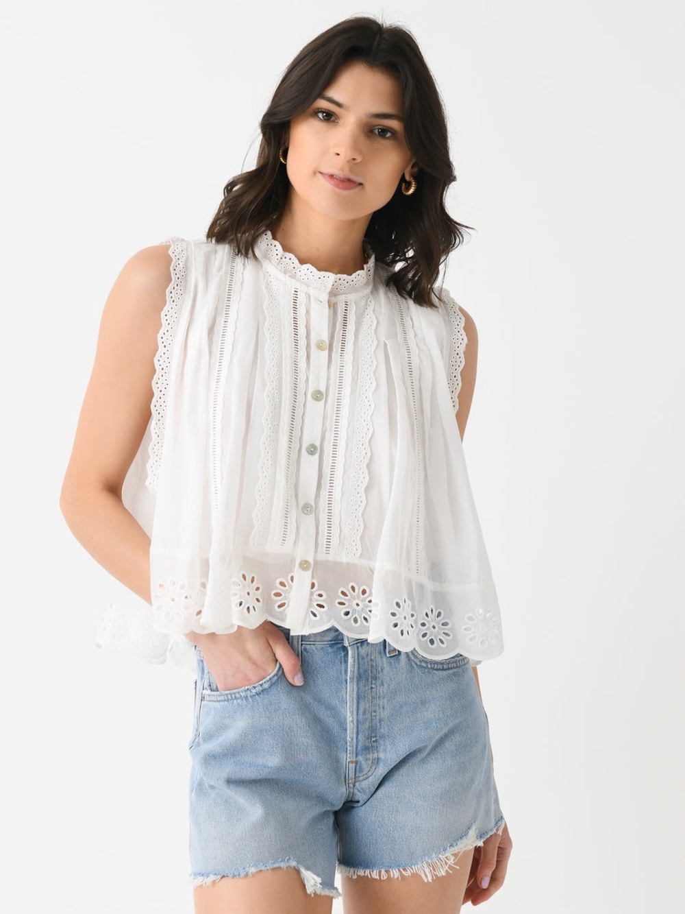 FARM Rio White Eyelet Lace-Trim Sleeveless Blouse